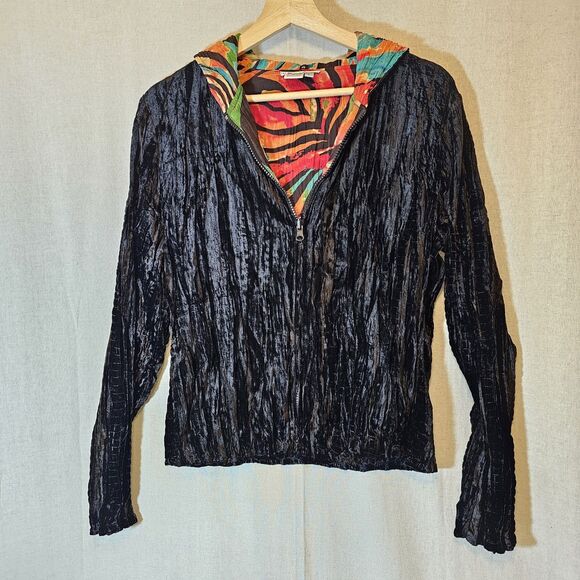 Alberto Makali Jacket Women L Reversible Black Crushed Velvet Colorful Hood - Picture 1 of 10